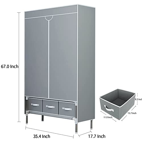 Portable Clothes Closet Rolling Door Wardrobe with Hanging Rack Non-Woven Fabric Storage Organizer with Three Drawer Boxes No-Tool Assembly - 35.4 x 17.7 x 67.0 ‘’ (Gray)