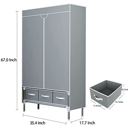 Portable Clothes Closet Rolling Door Wardrobe with Hanging Rack Non-Woven Fabric Storage Organizer with Three Drawer Boxes No-Tool Assembly - 35.4 x 17.7 x 67.0 ‘’ (Gray)