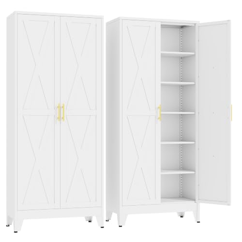 GAIOUS 74.8" Tall Kitchen Pantry Cabinet, Metal File Storage Cabinet White | Steel Office Cabinet, Freestanding Cupboard with 2 Doors and 5 Adjustable Shelves, Bathroom Kitchen Home Garage Tool Cabinet - color: White, size: 15.7"D x 31.5"W x 74.8"H