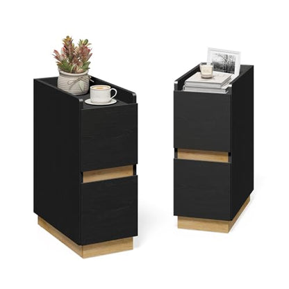 Narrow Night Stands, Modern Slim Nightstand Set of 2, Wooden Skinny Bedside Table 2 Drawers, Stackable Narrow Side Table with Drawers for Small Spaces, Bedroom, Living Room, Black - color: Black (2pcs)
