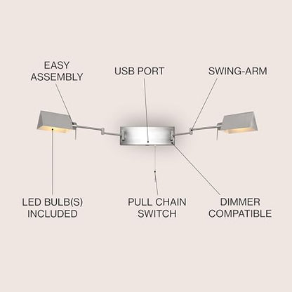JONATHAN Y Arlo 54" 2-Light Double Swing Arm Metal Lamp, Nickel | Industrial Farmhouse Design, Pull Chain Switch, USB Charging Port, Hardwired, Adjustable Shades, LED Bulbs Included - color: Nickel, size: 2-Light