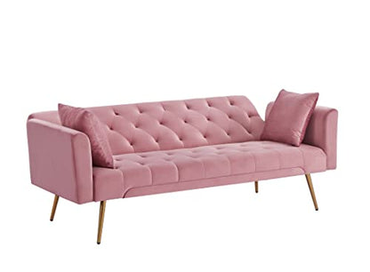 Anwick 72''Modern Velvet Sofa Bed Futon,Convertible Folding Sleeper Couches with 3 Adjustable Backrests,Tufted Recliner Loveseat with Golden Chrome Legs for Living Room Apartment Office (Pink) - color: Pink+pillows