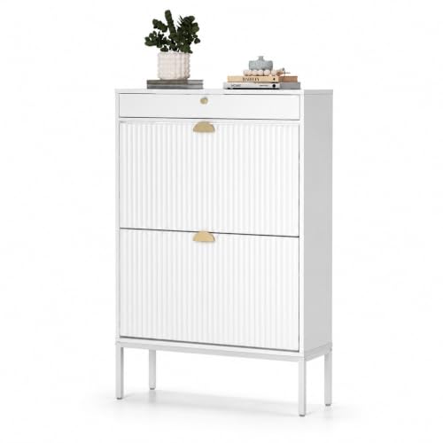 Shoe Cabinet, Shoe Storage Organizer Cabinet with 2 Flip Wavy Line Drawers, Freestanding Shoe Rack with Adjustable Shelf for Entryway (White) - color: Wavy Line-white