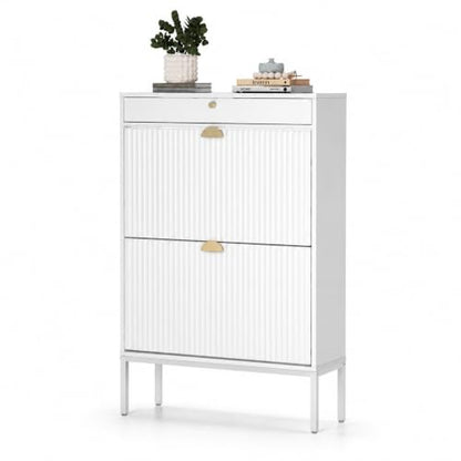 Shoe Cabinet, Shoe Storage Organizer Cabinet with 2 Flip Wavy Line Drawers, Freestanding Shoe Rack with Adjustable Shelf for Entryway (White) - color: Wavy Line-white