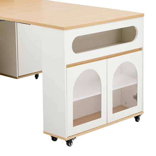 Extendable Dining Table with Extra-Long Folding Top, Rolling Kitchen Island with Storage Cabinet, Drawers & Brake Lock, Sturdy Mobile Cart for Kitchen, Dining Room & Open Spaces(Creamy White+Natural2) - color: Creamy White+natural2