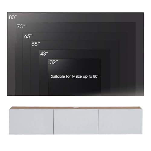 Floating TV Stand Glossy White for 65-80 Inch TV, 63" Wall Mounted TV Stand with Storage, White and Wood Floating Entertainment Center with Cable Management, Floating Media Console for Living Room - color: Wood Like