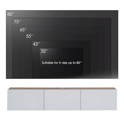 Floating TV Stand Glossy White for 65-80 Inch TV, 63" Wall Mounted TV Stand with Storage, White and Wood Floating Entertainment Center with Cable Management, Floating Media Console for Living Room - color: Wood Like