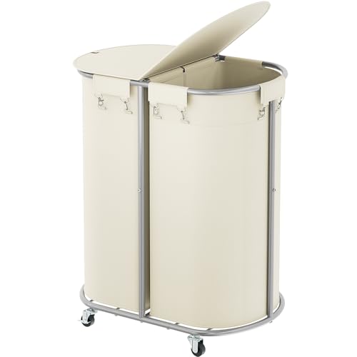 200L Double Laundry Hamper with Lid & Wheels, Oval Rolling Laundry Basket | Gasvadivum Sturdy Metal Large Laundry Cart with 2 Removable Bags, Dirty Clothes Hamper 2 section for Bathroom, Bedroom, Beige - color: Beige, size: 200L(24.8"L x 16.9"W x 31.5"H)