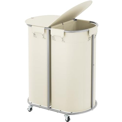 200L Double Laundry Hamper with Lid & Wheels, Oval Rolling Laundry Basket | Gasvadivum Sturdy Metal Large Laundry Cart with 2 Removable Bags, Dirty Clothes Hamper 2 section for Bathroom, Bedroom, Beige - color: Beige, size: 200L(24.8"L x 16.9"W x 31.5"H)