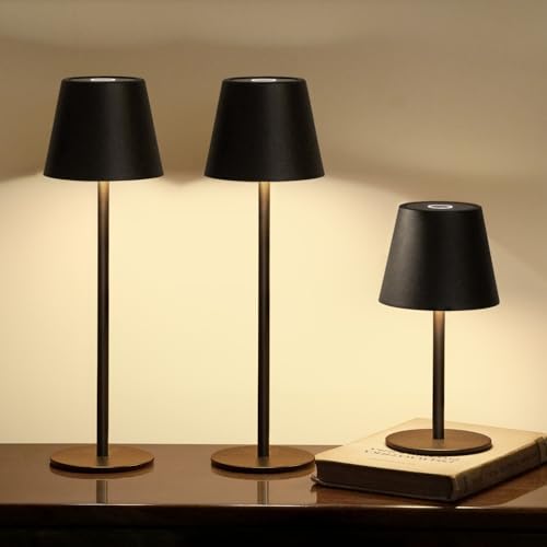 3 Pack Cordless Table Lamp, Portable Battery Operated Lamp with 3 Color Temps and Stepless Dimming, Rechargeable Table Lamp for Dinner, Desk, Cafe, Outdoor (Black) - color: Black, size: 3 Pack