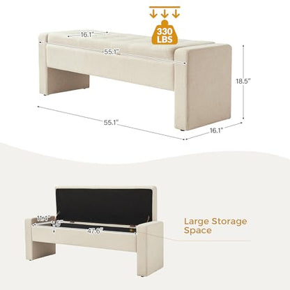 55" Modern Upholstered Storage Bench with Tufted Seat, Fabric Ottoman Bench for Bedroom, Entryway, or Living Room, Soft Close Hinge,Linen - color: Linen