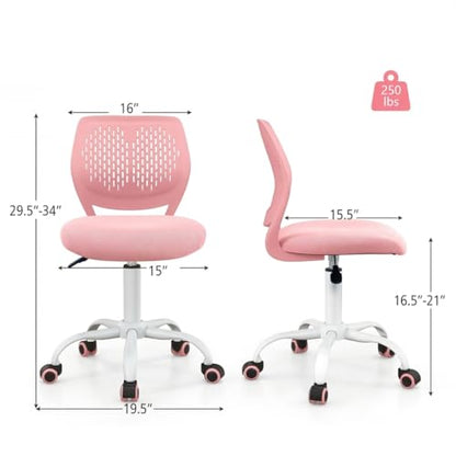 POWERSTONE Small Home Office Desk Chair, Swivel Rolling Study Computer Chair, Adjustable Height Task Chair with Armless Mid Back, Upholstered Mesh Seat, Pink - color: Pink