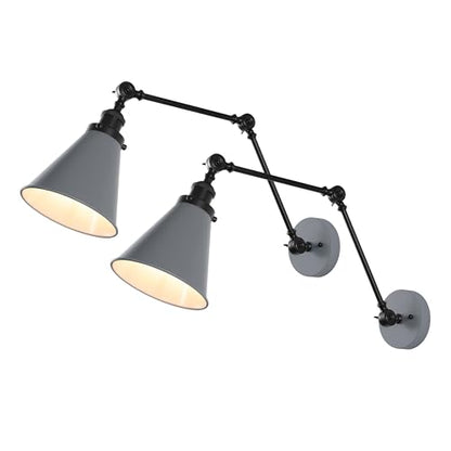 JONATHAN Y Rover 1-Light Wall Sconce 7", Gray/Black, Set of 2 | Adjustable Arm, Hardwired Bedside Reading Swing Arm, Farmhouse Cone Shade, Metal Hardwired Indoor Fixture, LED Bulbs Included - color: Gray/Black, size: Set of 2
