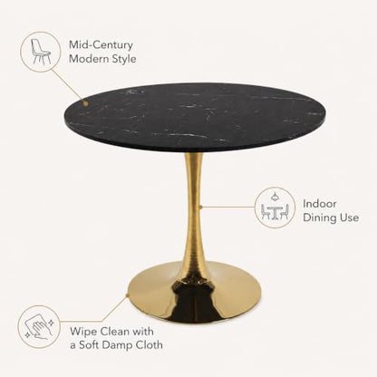 31.5" Small Round Dining Table, Black Marble-Look Top, Gold Tulip Base | 31.5-inch MDF table for 2-4 compact chairs, suited to kitchens, apartments, breakfast nooks, and small dining rooms - color: Black and Golden