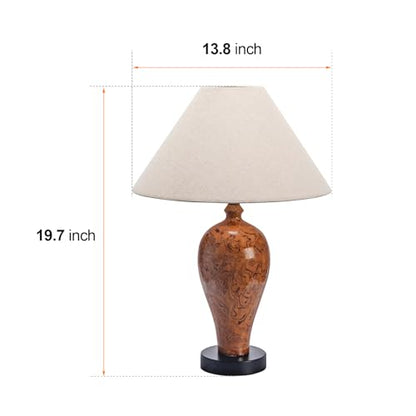 Ceramic Table Lamp, Rustic Orange Glaze Bedside Lamp with Linen Shade, Minimalist Accent Lamp for Bedroom Living Room