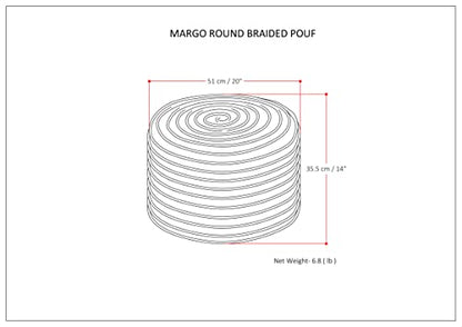 SIMPLIHOME Margo 30" Wide Round Pouf in Natural Jute and Cotton | Boho footstool, braided pouf, extra seating for living room or bedroom with polystyrene bead filling, assembled; accent seat. - color: Multi-blue, style: Pouf
