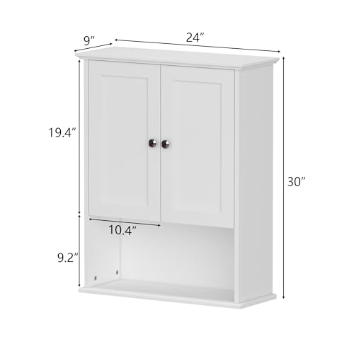 Medicine Cabinet, Over The Toilet Storage Cabinet, 24x30 Inch Wall Mount Bathroom Storage Cabinet with 2 Doors & Adjustable Shelf, Wooden Bathroom Wall Cabinet, White - color: White&silver
