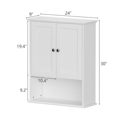 Medicine Cabinet, Over The Toilet Storage Cabinet, 24x30 Inch Wall Mount Bathroom Storage Cabinet with 2 Doors & Adjustable Shelf, Wooden Bathroom Wall Cabinet, White - color: White&silver