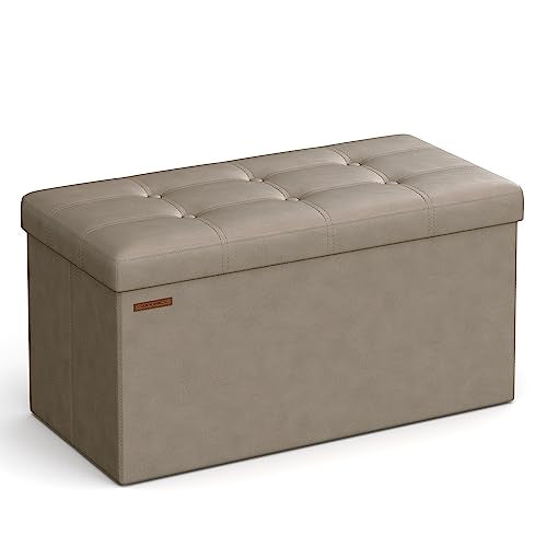 SONGMICS Mazie Collection - 30 Inches Folding Storage Ottoman Bench, Ottoman with Storage, Foot Rest Stool, Load 660 lb, for Living Room, Synthetic Leather, Camel Brown ULSF040R01 - color: Camel Brown, size: 15"D x 30"W x 15"H