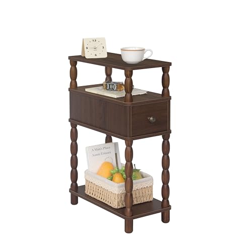 MaxSmeo Narrow Side Table, Small Nightstand with Drawer, Skinny End Table with Storage for Small Spaces, Bedroom, Living Room (Walnut Brown) - color: Walnut Brown