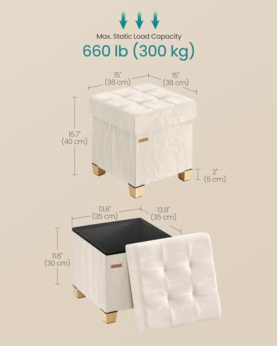 SONGMICS Storage Ottoman, Textured PU Leather Footstool with Legs, Footrest with Cushion, for Living Room and Bedroom, 15 x 15 x 15.7 Inches, White, Minota Collection ULSF523WD01 - color: White