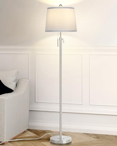 JUNNAI Floor Lamp for Living Room,Adjustable Height Standing Lamp,Dimmable Modern Floor Lamps for Bedroom Office Tall Floor Lights with Pull Chain Bulb Included-Silver Gray Shade - color: Silver+Gray Shade