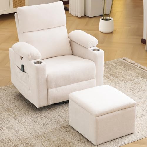 Rocking Chair Nursery with Adjustable Armrests, Electric Glider Recliner Nursing Chair with Ottoman, Power Swivel Recliner Chairs with Massage and Heat, White - color: White, size: Oversized Power Recliner with ottoman