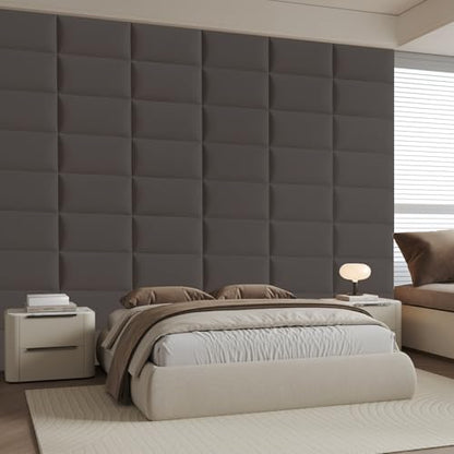 Gray Stick-On Wall Mounted Headboard - 6-Piece Modular Padded Bed Backboard for Queen and King Size Beds, 24 x 12 Inches Each, Easy-to-Install Sound-Proofing Upholstered Bed Headboard - color: Leather-dark Gray