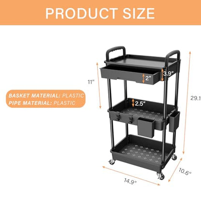 3 Tier Rolling Utility Cart with Drawer,REBECAT Utility Cart Made of Multifunctional Storage Organizer Tool for Kitchen,Bathroom,Living Room,Office(Black) - color: Black