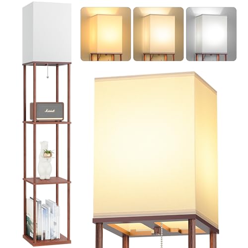 Floor Lamp with Shelves, 3-Tier Modern Square Bookshelf Standing Lamp Brown | 3 Color Temperature Bulb Included, Pull Chain Tall Lamp for Living Room Bedroom Corner Office Apartment Decor - color: Brown