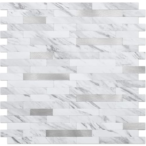 DICOFUN 10 Sheets Marble Look Peel and Stick Backsplash Wall Tile, PVC Kitchen Backsplash Peel and Stick in White, 9.4 sq.ft - color: White Stone and Metal Silver, size: 10 Sheets, 12’’x12’’x0.12’’
