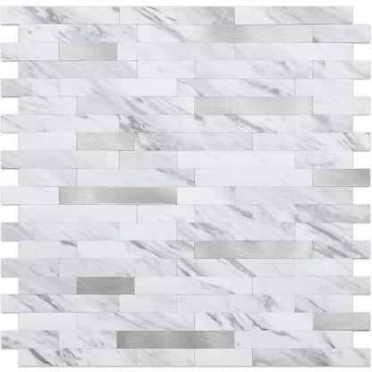 DICOFUN 10 Sheets Marble Look Peel and Stick Backsplash Wall Tile, PVC Kitchen Backsplash Peel and Stick in White, 9.4 sq.ft - color: White Stone and Metal Silver, size: 10 Sheets, 12’’x12’’x0.12’’