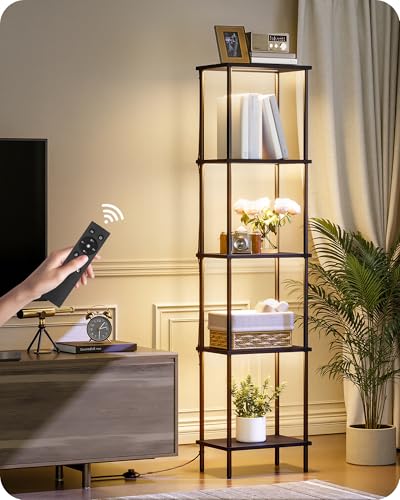 Display Shelf with Light, 5-Tier Shelf Lamp, Corner Floor Lamp with Shelves, Dimmable LED Floor Lamp for Living Room with Remote and Foot Control, 3CCT, Timer, Standing Lamp, Corner Bookshelf B52LD05 - color: Black