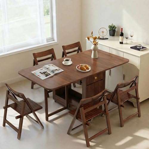 Drop Leaf Table and Chairs - 59" Fully Assembled Folding Dining Table 4-6 Seater with Storage and Lockable Wheels, Space-Saving Set with 6 Chairs for Kitchen or Dining Room (Walnut) - color: Walnut, size: 59.06″L Table & 6 Chairs