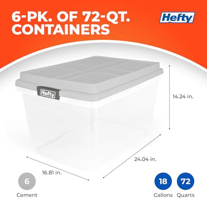 Hefty 72 Qt Hi-Rise Storage Bin with Lid, Stackable Plastic Storage Container, Organizer for Home, Garage & Closet, 6 Pack, Gray - size: 72 QT - 6 Pack
