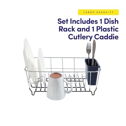 Dish Drying Rack & Cutlery Holder 2 Piece Set - Compact Sink-Fitting Dish Drainer with Rubberized Undercoating, Space-Saving Kitchen Organizer for Plates, Cups, Bowls & Utensils in Sink, Navy Blue - color: Navy Blue