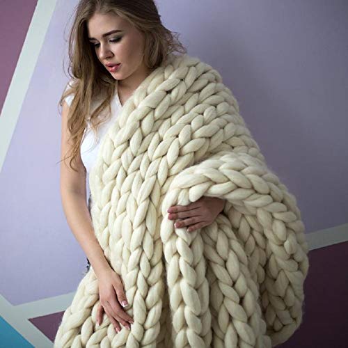 Chunky Knit Blanket Hand Made Merino Wool Throw Boho Bedroom Sofa Home Decor Giant Yarn(Ivory White 40"x40") - color: Ivory White, size: 40 x 40 in