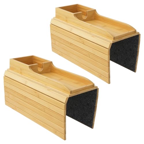 RETON 2 Pack Bamboo Couch Armrest Tray with Sofa Cup Holder, Anti-Slip Foldable Couch Arm Tray Table Organizer for TV Remote Drinks Cups Cellphone Snacks