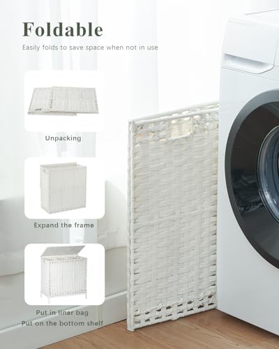 SETVSON Laundry Hamper with Lid, 112 L Handwoven Rattan, Cloud White | 2-Section Large Basket, 2 Removable Liner Bags, 3.34-In Heightened Metal Feet, 6 Mesh Laundry Bags, Side Handles - color: Cloud White, size: 112 L - 29.6 gal