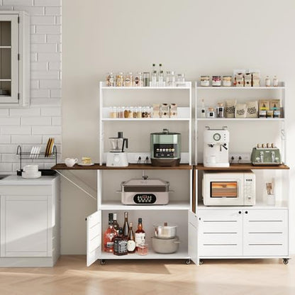 Bakers Rack with Power Outlet and Storage, 5-Tier Microwave Stand | Farmhouse Kitchen Hutch with Cabinet and Wheels, Coffee Bar with Foldable Side Table, Storage Shelves, 6 Hooks, White - color: White