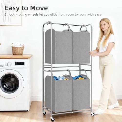 STORAGE MANIAC 4 Section Vertical Laundry Hamper, 2 Tier Laundry Sorter with 4 Removable Tote Bags, Rolling Clothes Basket for Towels, Blankets, Tall Dirty Clothes Hamper for Closet, 4 Bags Gray - size: 4 Section