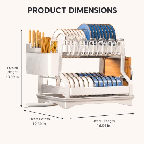 Fandian Dish Drying Rack 2 Tier White Dish Racks for Kitchen Counter and Sink, Large Dish Drying Rack with Drainboard & Utensil Holders Stainless Steel Dish Drainers Kitchen Organization and Storage - color: Ceramic White Dish Racks
