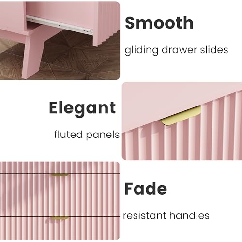 Pink Night Stand with 3 Drawers, Bedside Table & End Table, 24" Wide Mid Century Modern Fluted Wood Nightstand with Metal Handles, Farmhouse Night Stands for Bedroom - color: Pink, style: 3 Drawers