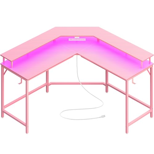 Huuger L Shaped Gaming Desk with Power Outlets & LED Lights, Computer Desk with Monitor Shelves, Carbon Fiber Surface, Home Office Desk, Corner Gaming Desk with Hooks, Carbon Fiber Pink - color: Carbon Fiber Pink