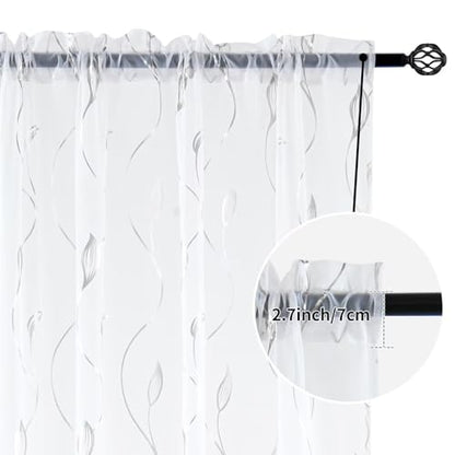 Silver Foil Print Sheer Curtains 63 inches Long, 2 Panels Ginkgo Bronzing Treatment Sheer Curtain, Rod Pocket Window Treatment Panels for Bedroom Living Room - color: Wicker/Silver/White, size: 42"W x 63"L (Pack of 2)