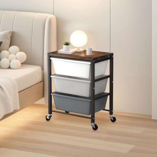 Rolling Cart with 3 Drawers, Plastic Drawer Storage Carts with Lockable Wheels & Wooden Tabletop, Metal Utility Cart Organizer, Office Bedroom Classroom Craft Organization and Storage, Dark Grey - color: Dark Grey, size: 3-drawer