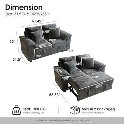 61” Pull Out Couch, 2 in 1 Sleeper Sofa Bed with Throw Pillow, Convertible Small Loveseat Sleeper Couch for Living Room, Bedroom, Apartment (Gray) - color: Grey, size: 2 Seat Sleeper
