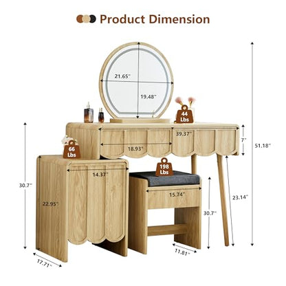 Vanity Desk with Mirror and Lights, Modern Wood Wave Panel Vanity Desk Set Makeup Table with Drawers and Cabinet, Dressing Table with Storage for Bedroom, Natural - style: Natural