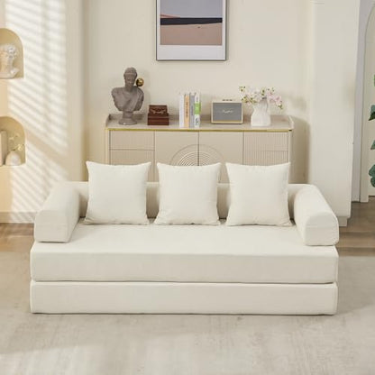 Convertible Folding Sofa Bed Modular Floor Couch, 78.8‘’ Cloud Sleeper Sofa with Removable Backrest, Chenille Foldable Mattress Couch, Lazy Loveseat for Small Space, Apartment, Bedroom, Beige - color: #3-beige