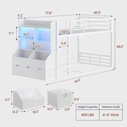 ADORNEVE Low Bunk Bed Twin Over Twin with Bookshelf, Drawers, White | Metal Floor Bunk Bed with RGB Lights, Charging Station, Toy Organizer, Safety Guardrail & Ladder, Small Space - color: White